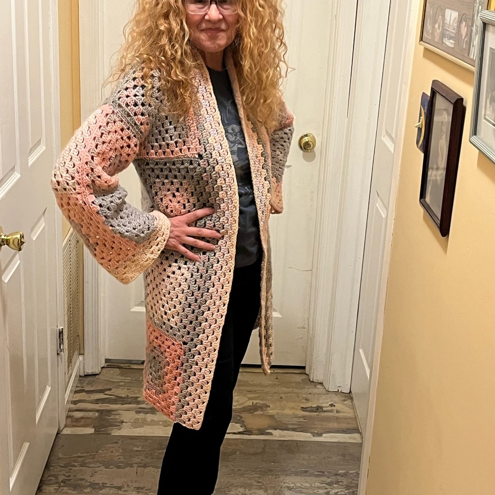 Hand crocheted, midi, length, sparkly, pink and gray cardigan (made by me )